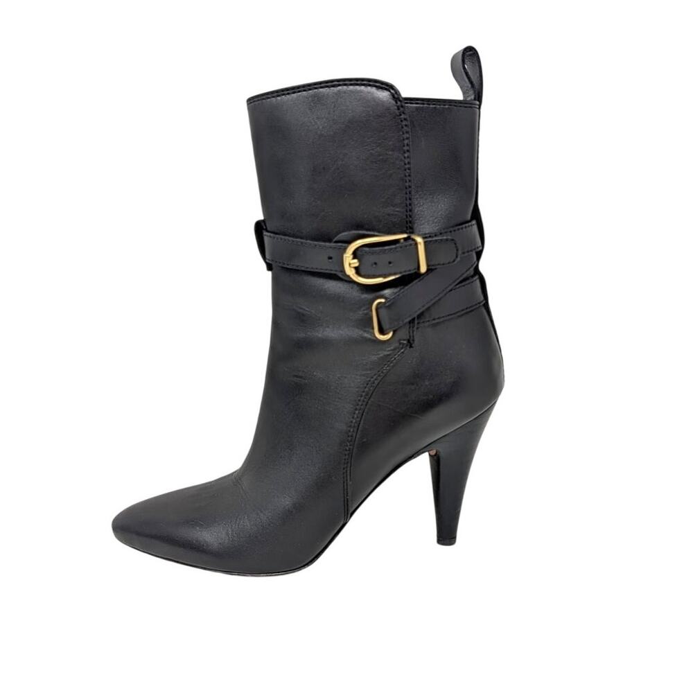 Veronica Beard Black Leather Gold Buckle Harness Heel Ankle Boots
